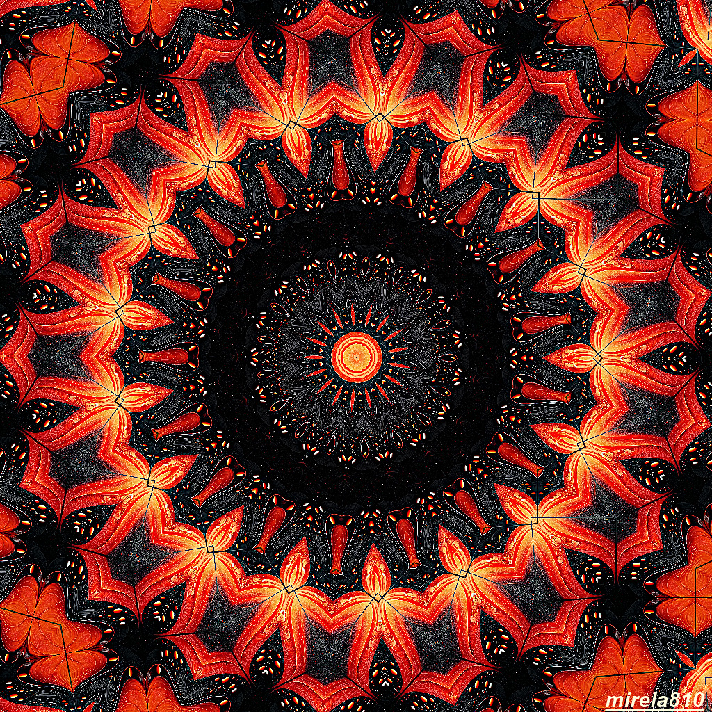 Circular mandala with orange flames radiating from black center in symmetrical geometric pattern