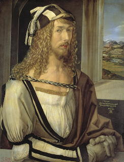 Renaissance self-portrait painting of Albrecht Dürer with long curly hair, white shirt, and brown cloak