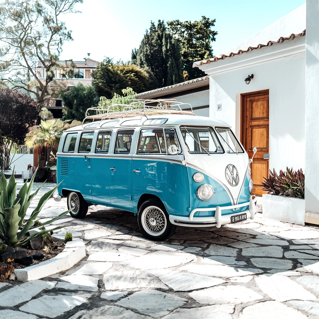 Blue and White VW Bus