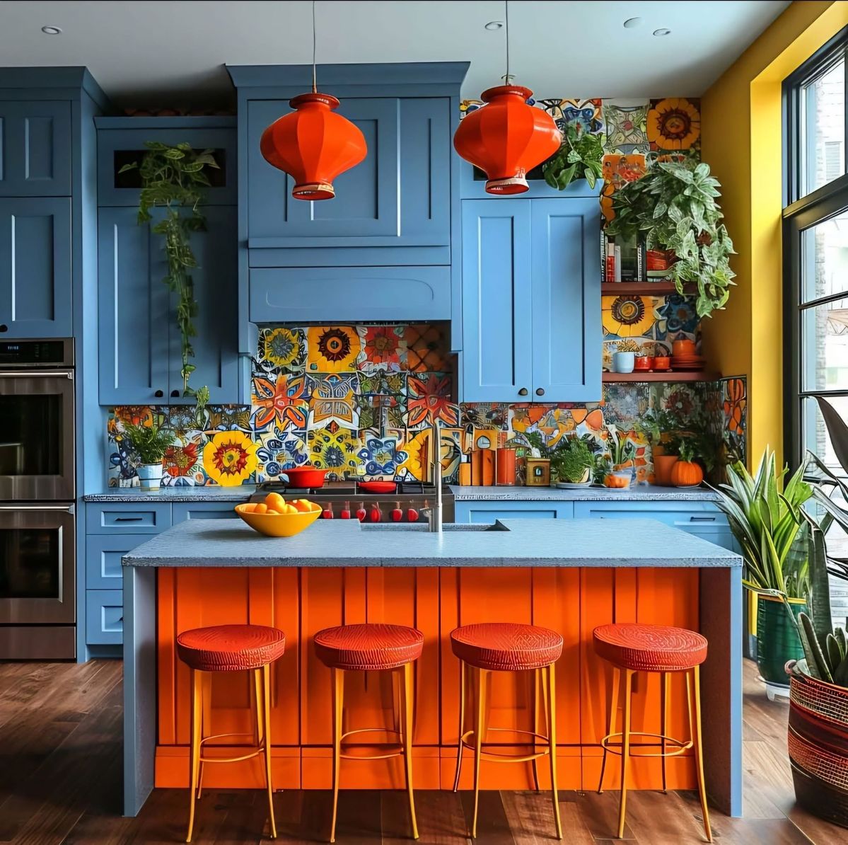 Colorful blue kitchen with orange stools, red pendant lights, floral tile backsplash, and houseplants