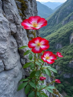 Red White Flowers Mountain Cliff