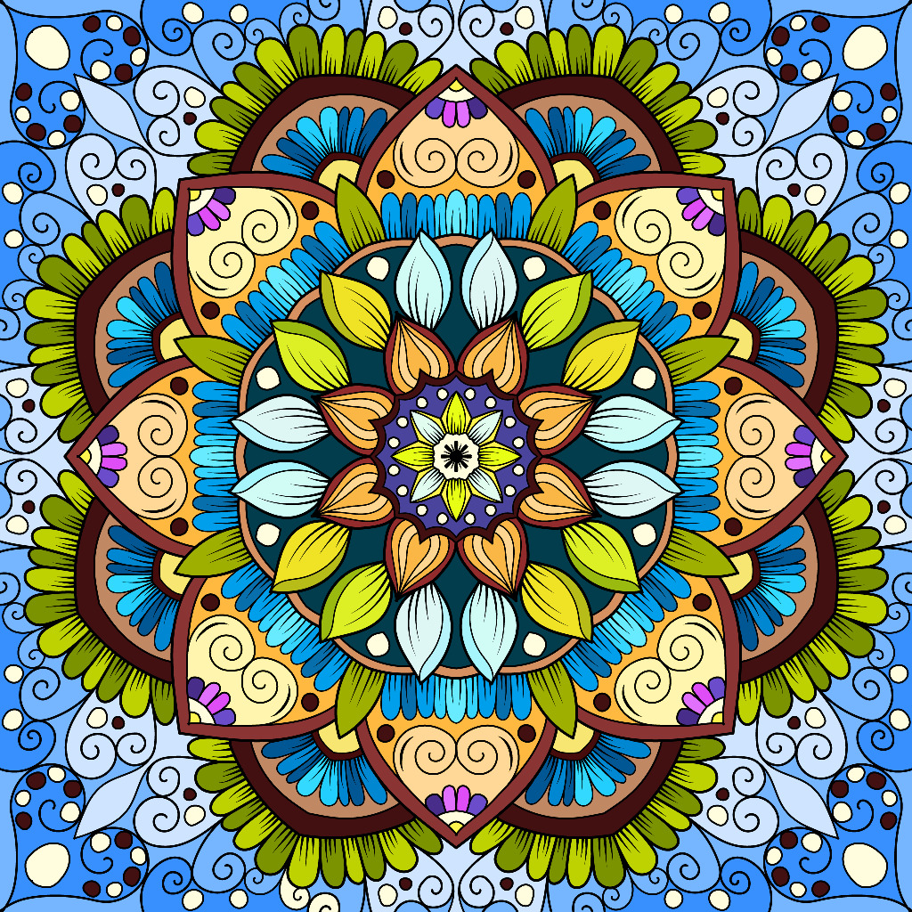 Vibrant mandala with symmetrical floral patterns in yellow, blue, orange, and green on decorative blue background