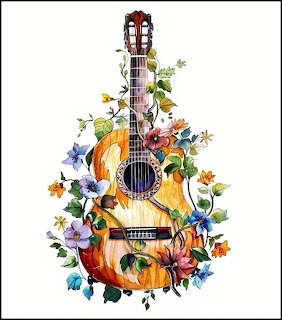 Illustrated acoustic guitar decorated with colorful flowers and leafy vines on a white background.