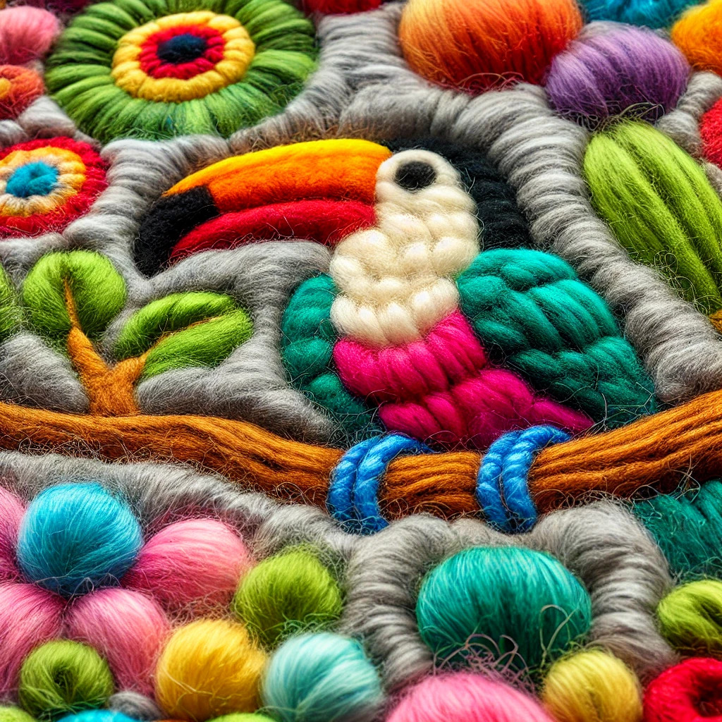 Textured yarn art depicting a toucan with colorful plumage among embroidered flowers in vibrant hues