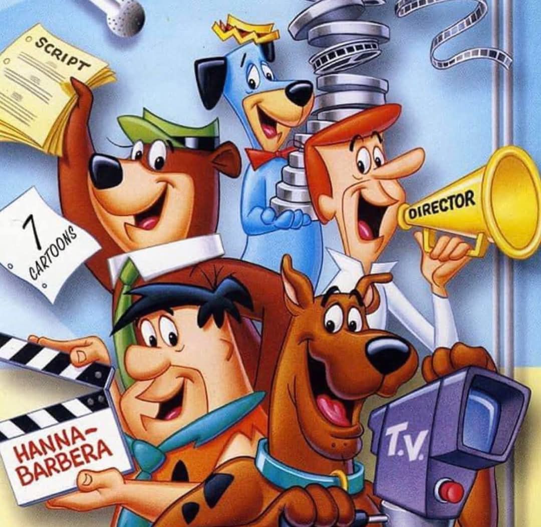 Group illustration of classic Hanna-Barbera cartoon characters with retro television and movie props