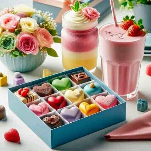 Colorful dessert spread with chocolates, smoothies, parfait and flowers