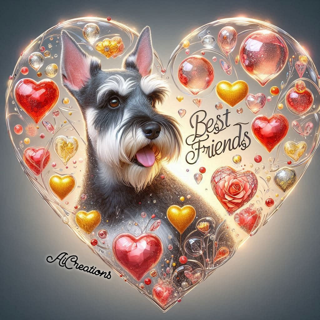 Schnauzer dog portrait inside a heart with red and gold hearts, a rose, and Best Friends lettering