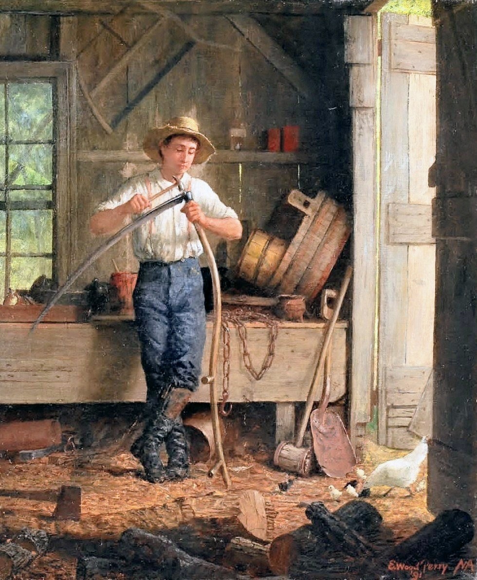 Painting of a boy inside a rustic barn holding a hose near tools and barrels