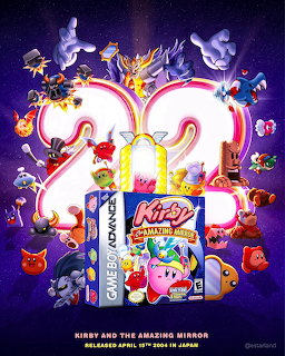 Kirby and the Amazing Mirror 20th anniversary artwork with GBA game box and colorful characters