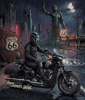 Motorcyclist riding through stormy city street at night with lightning and neon signs