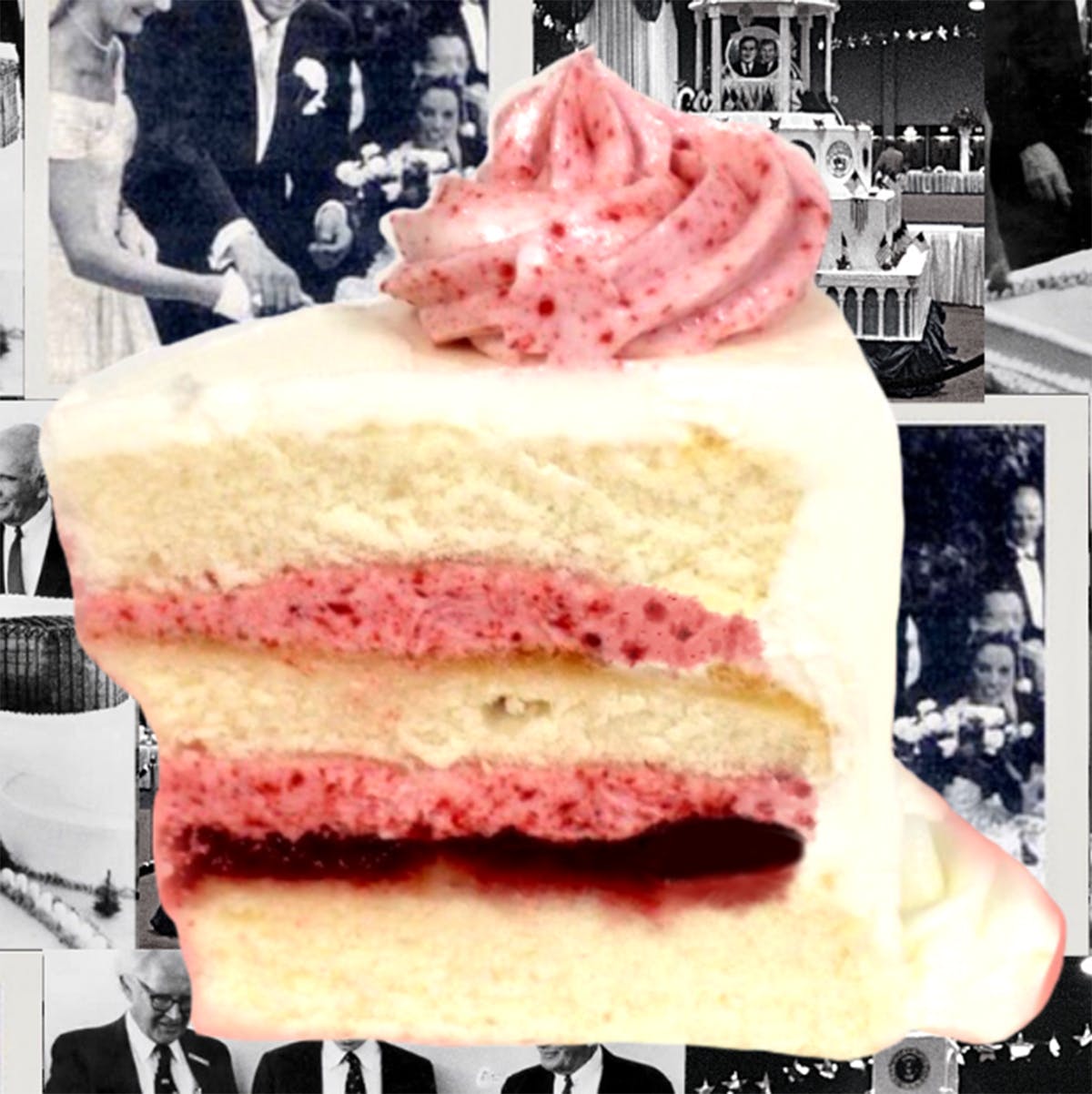 Slice of layered cake with pink frosting on plate with JFK wedding photo collage background