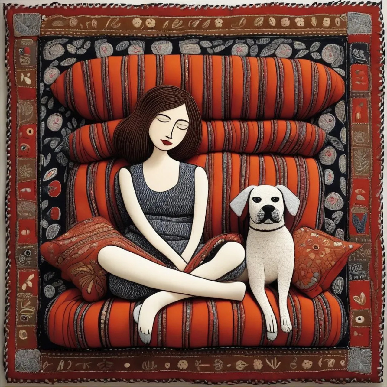 Illustration of woman seated with small white dog on ornate red striped chair with decorative frame