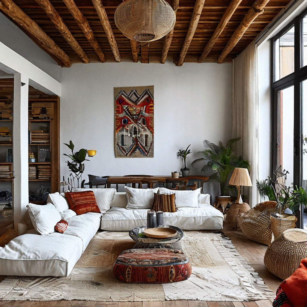 Bright living room with wooden ceiling, white sofa, colorful wall art, and large windows