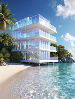 Modern glass beach house beside clear turquoise water and a sandy tropical shore