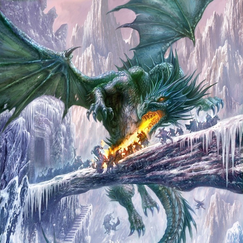 Green ice dragon with wings spread breathing fire in frozen cave with large icicles
