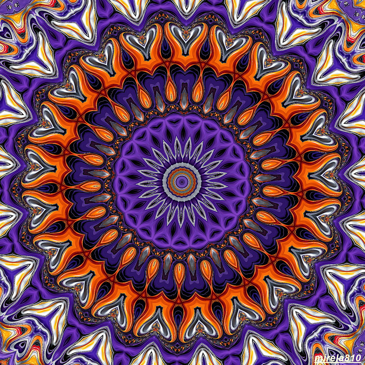 Symmetrical mandala with purple, orange, and white geometric patterns in concentric circles