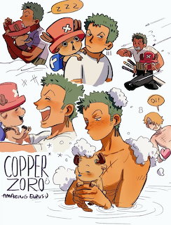 Anime collage of Chopper reindeer character and green-haired Zoro in various poses with sketchy artistic style