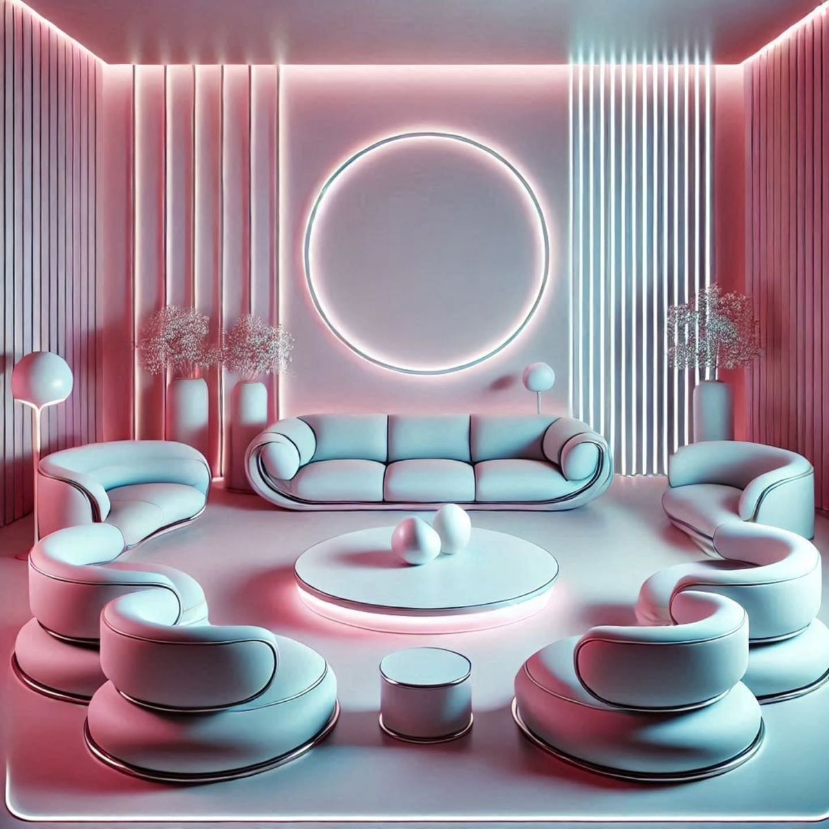 Futuristic pastel living room with curved seating and pink-blue neon lighting