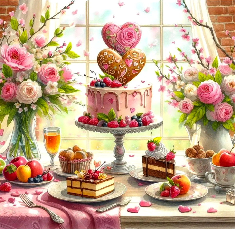 Heart-shaped layered cake with berries on table with pink flowers and desserts