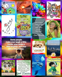 Grid collage with Snoopy, quotes, puppies, rainbows, and inspirational messages in bright colors