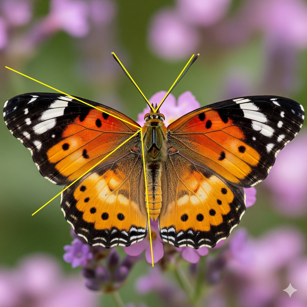 Orange and black butterfly with white spots resting on purple flowers