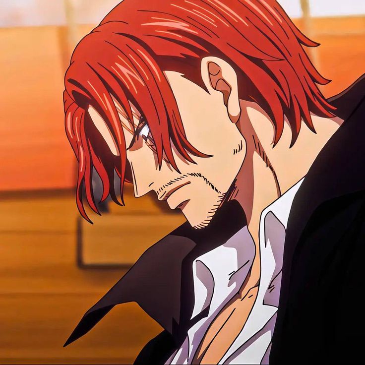 Red-haired anime character Shanks in black coat from One Piece series