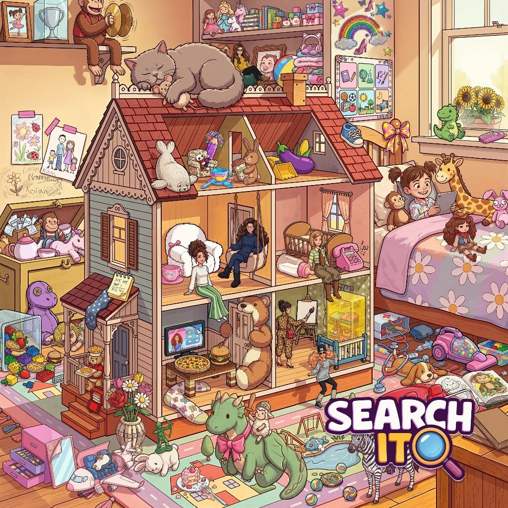 Detailed illustrated dollhouse in a child's bedroom surrounded by toys, dolls, and stuffed animals
