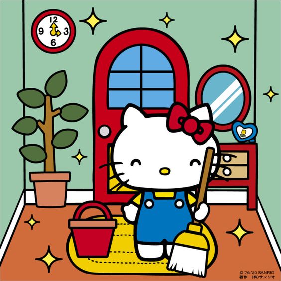Hello Kitty cartoon cleaning a room with a broom, bucket, dresser, mirror, plant, and red door