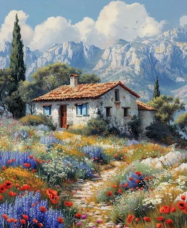 Painting of a Mediterranean cottage surrounded by poppies and wildflowers with mountains behind