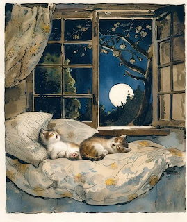 Two kittens sleeping on bed by wooden window with full moon and starry night sky visible outside
