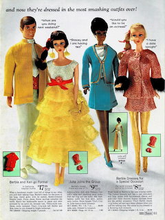 Four Barbie dolls from 1969 Sears Christmas catalog wearing yellow gown, teal coat, and pink dresses with product details
