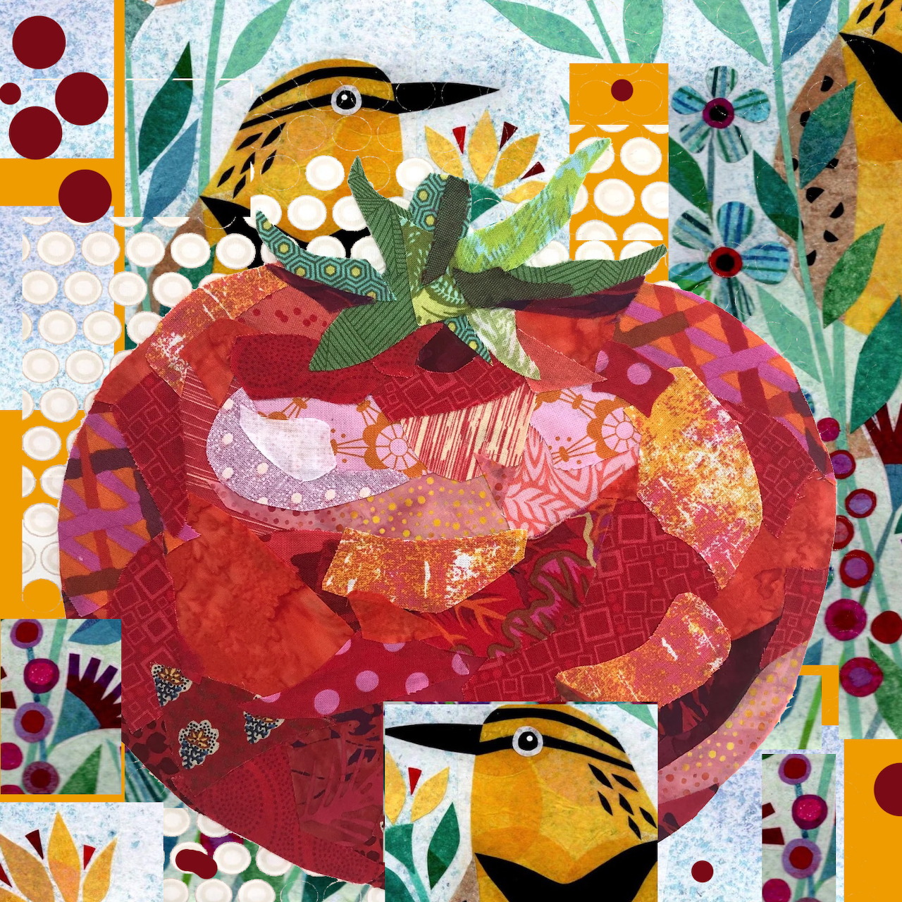 Scrapbook-style illustration of a red apple with two yellow birds and decorative leaves