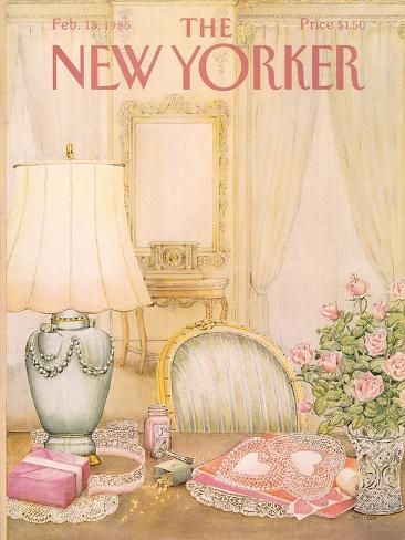 Illustration of vintage vanity table with ornate mirror, lamp, pink roses, and feminine accessories