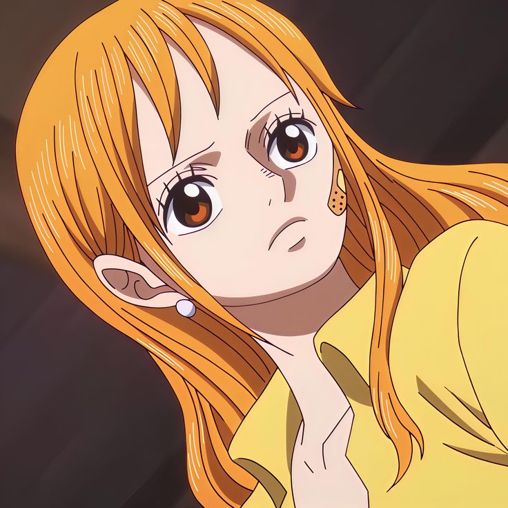 Anime character Nami with orange hair and brown eyes wearing yellow top
