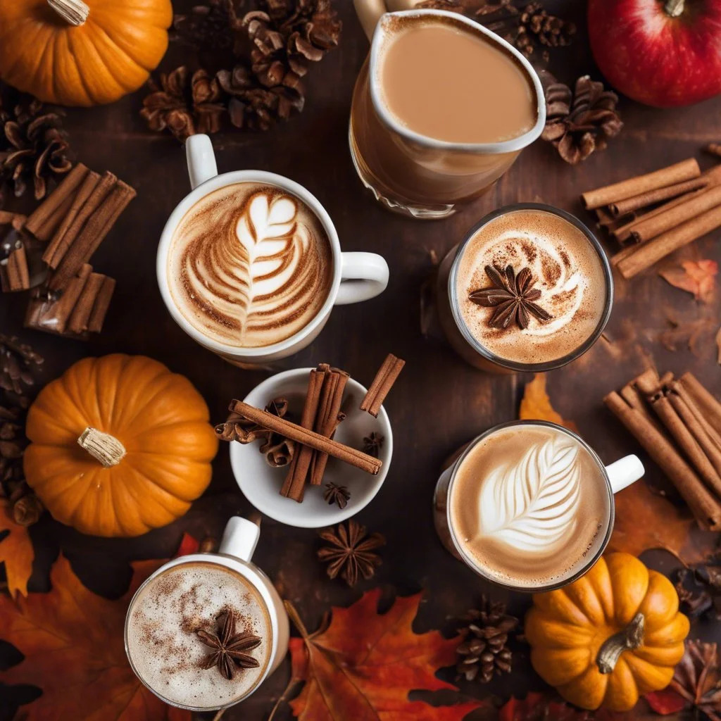 Flat lay of coffee cups with latte art, mini pumpkins, cinnamon sticks, and fall decorations on wood table