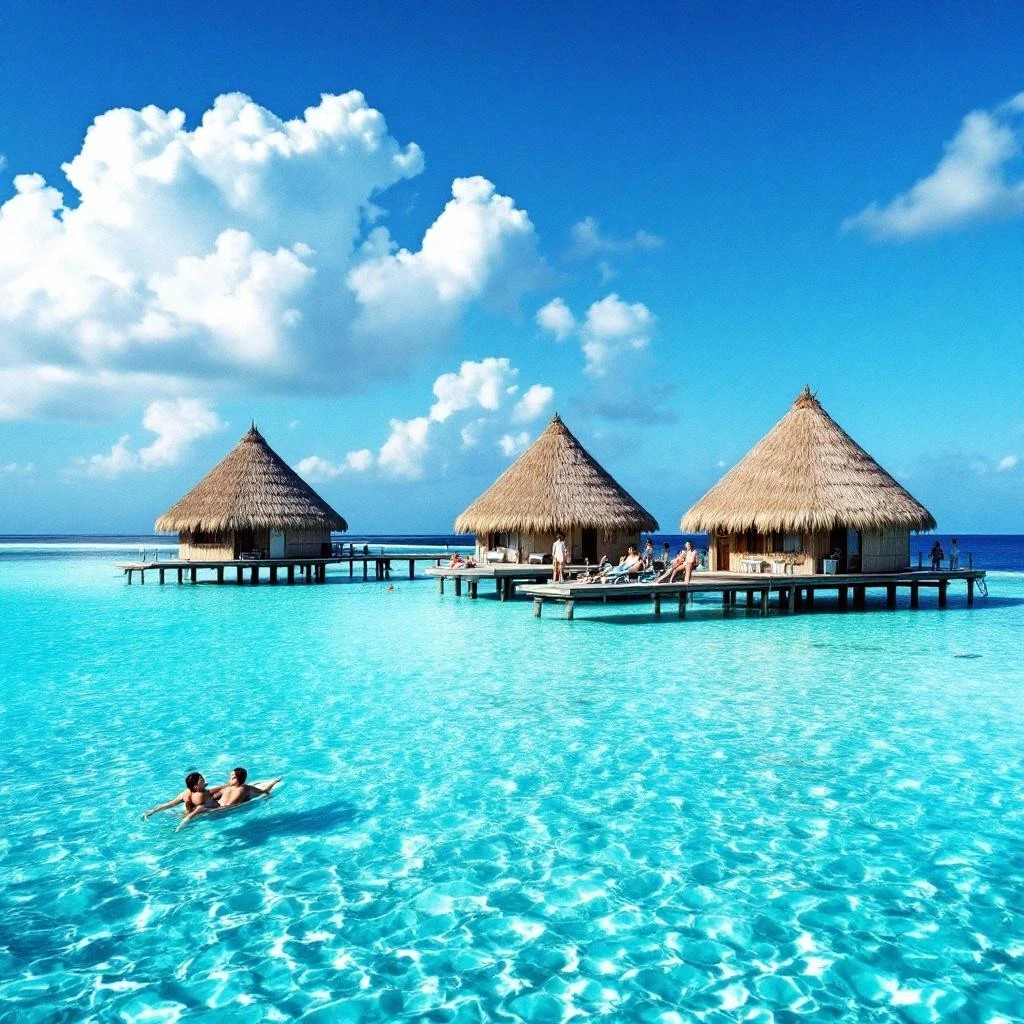 Overwater bungalows with thatched roofs on turquoise lagoon under blue sky with white clouds