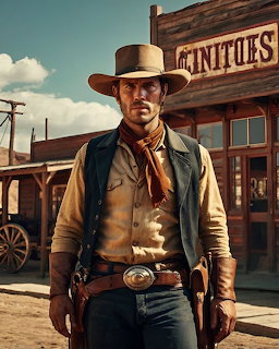 Cowboy standing on an Old West street in front of wooden buildings