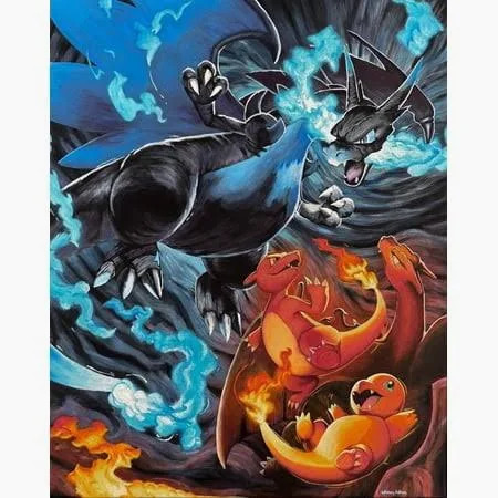 Black and white dragon Pokémon battling with blue lightning and orange fire effects