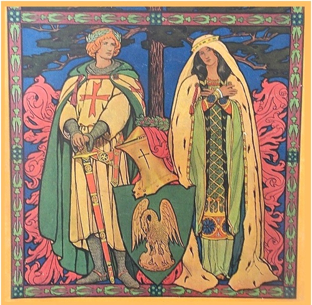 Vintage illustration of a medieval knight and lady beneath an ornate decorative canopy