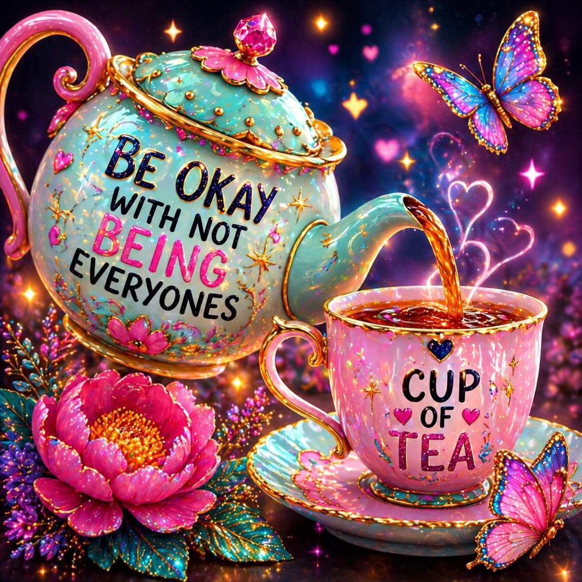 Decorative teapot and cup with motivational quotes, pink flowers, butterflies, and glowing stars on dark background