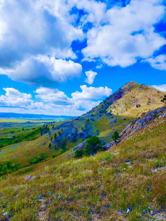 Mountain landscape with grassy slopes, wildflowers, and blue sky with white clouds over distant valley