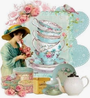 Vintage collage with stacked floral teacups, woman smelling roses, teapot, lace doilies, and pink flowers