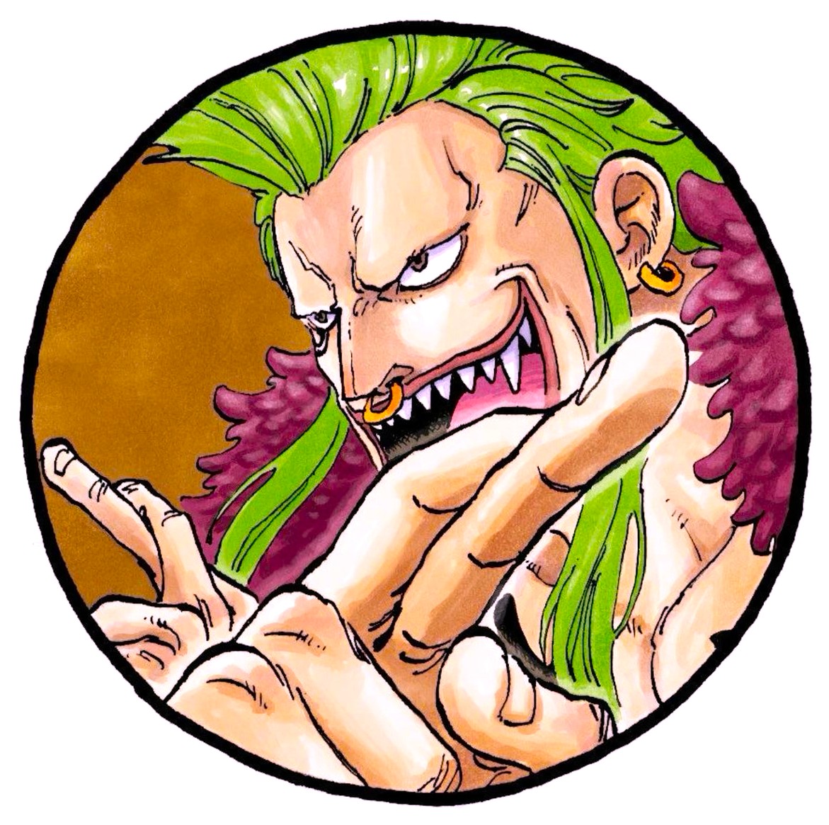 Bartolomeo from ONE PIECE anime with green mohawk and fierce grin