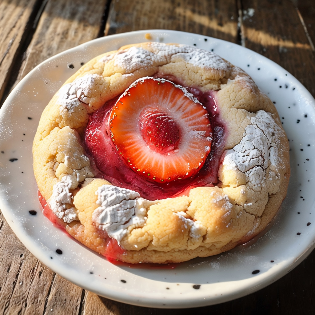 Round thumbprint cookie with strawberry slice in center, dusted with powdered sugar on white plate