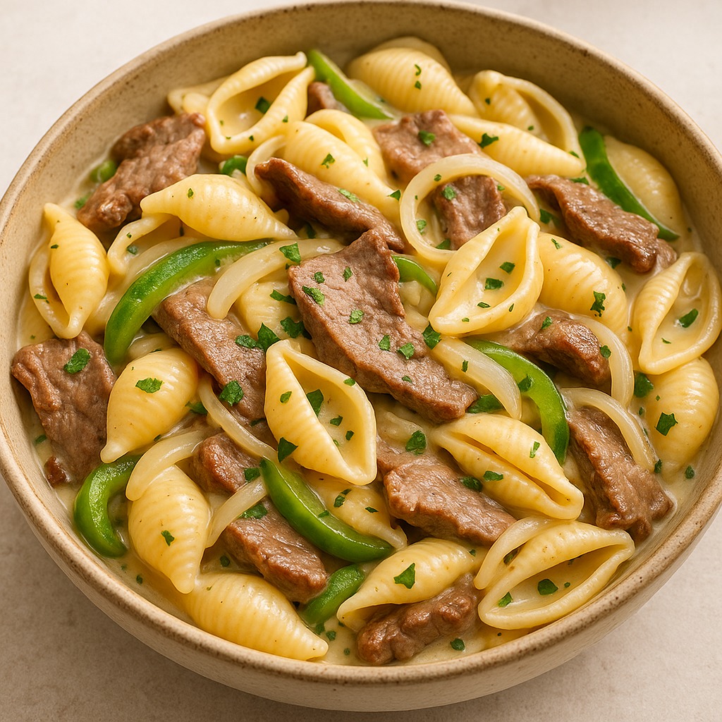 Bowl of shell pasta with sliced beef, green peppers, and onions in creamy sauce