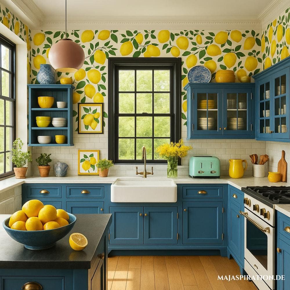 Bright blue kitchen with lemon wallpaper, farmhouse sink, and bowls of lemons