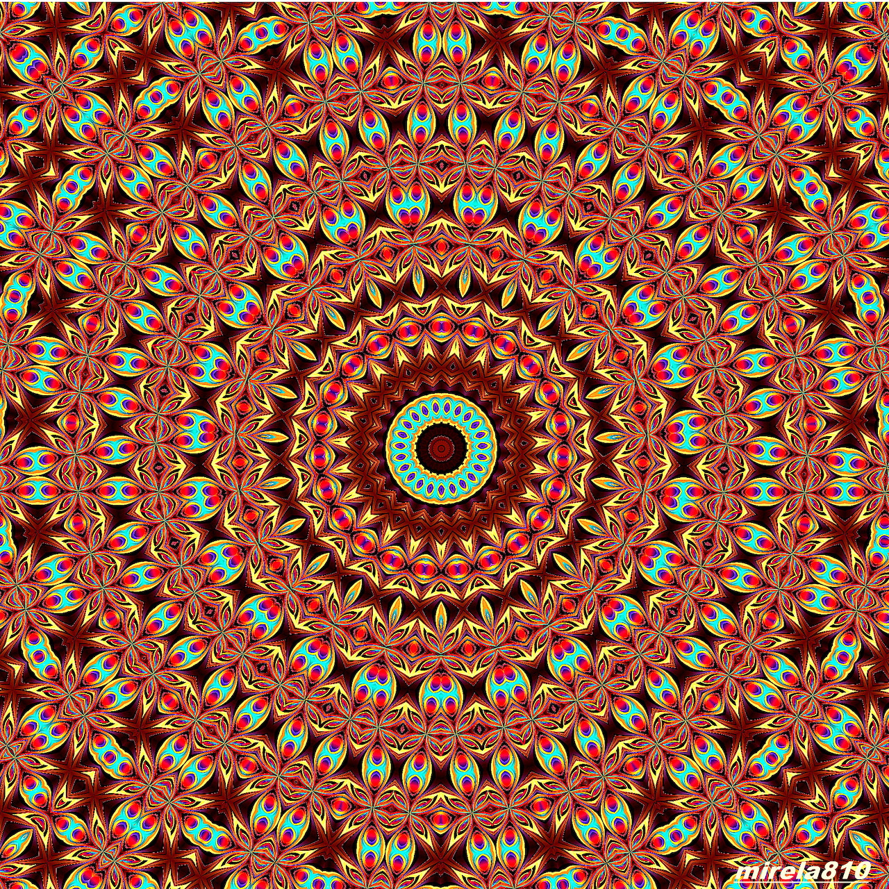 Ornate mandala with concentric geometric patterns in red, gold, and turquoise colors radiating from turquoise center