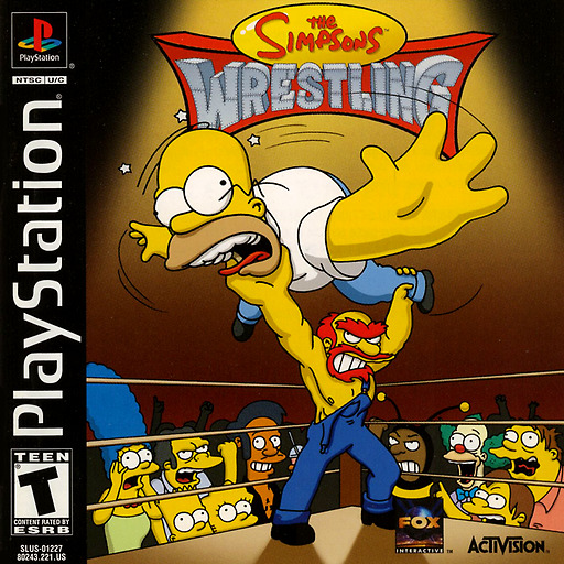 The Simpsons Wrestling PS1 game cover with Homer and characters in a wrestling ring