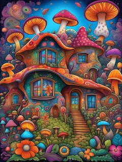 Colorful fantasy cottage with mushroom roof surrounded by giant mushrooms and flowers in whimsical fairytale scene