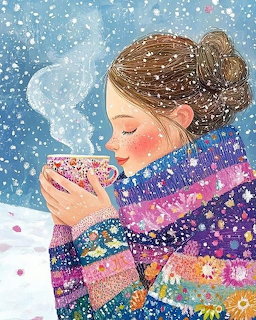 Girl in patterned sweater holding floral tea cup in snowy scene